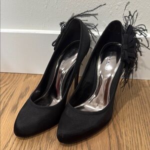 Karen Millen Black Satin Heels with Ostrich Feather Accent